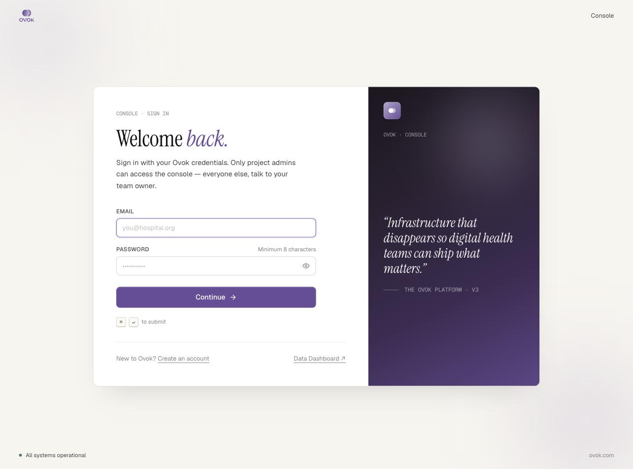 Console sign-in card with Email and Password fields and a Continue button