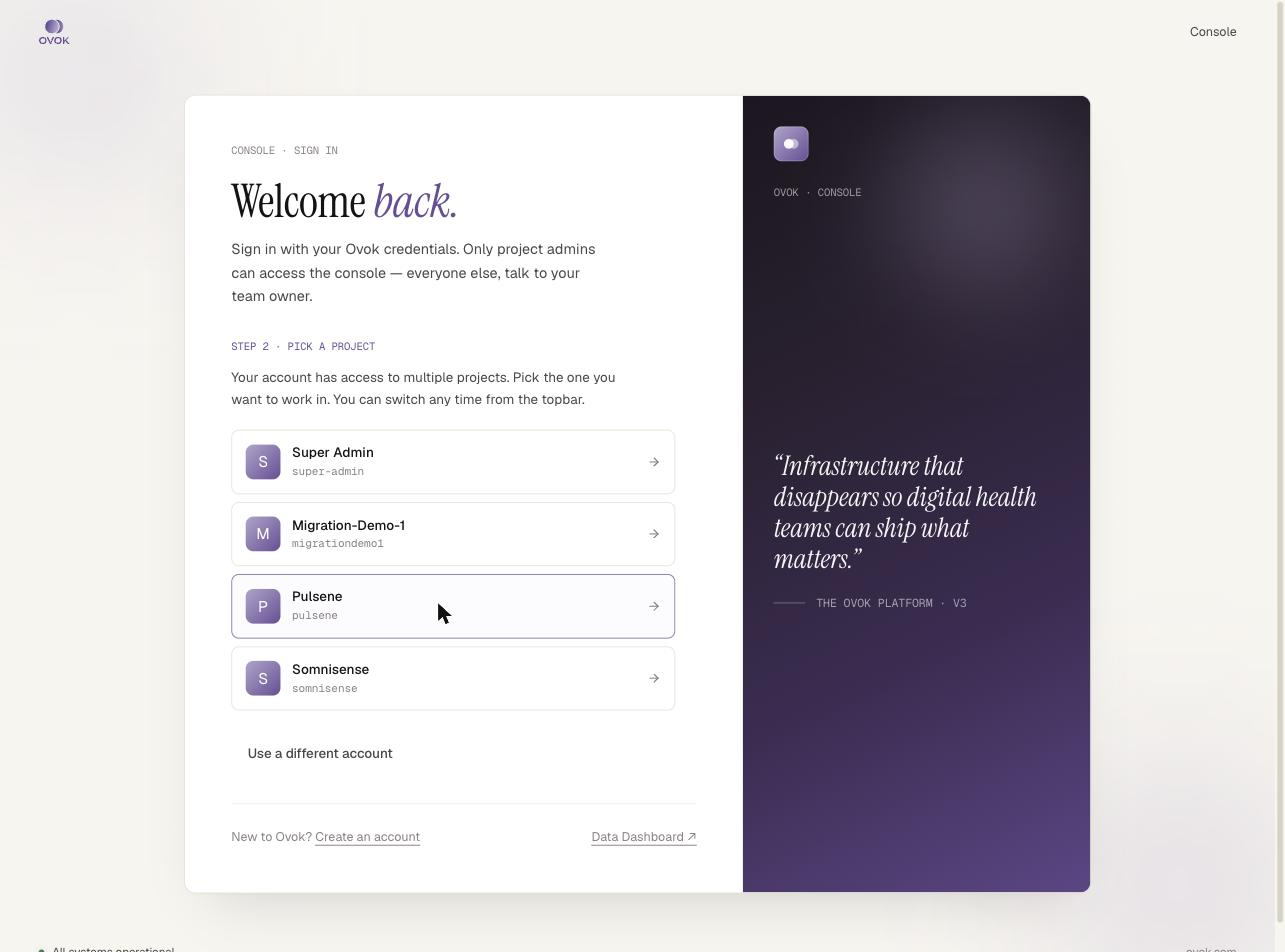Step 2 Pick a project card listing Super Admin, Migration-Demo-1, Pulsene, Somnisense