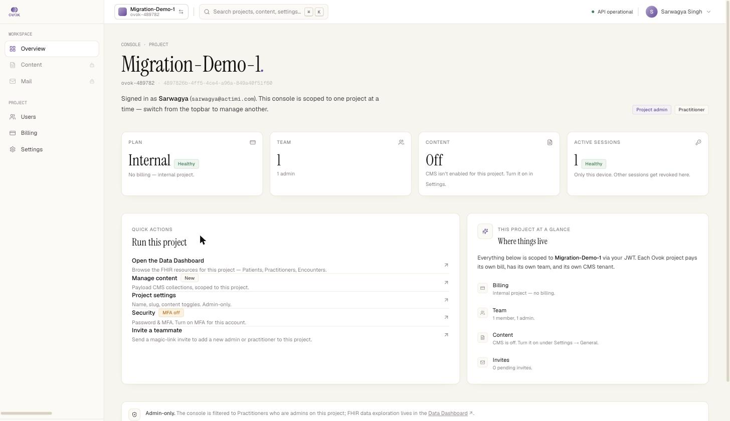Migration-Demo-1 overview with Plan, Team, Content, Active sessions stat cards plus Quick actions and at-a-glance panels