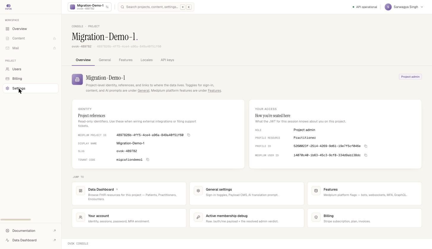 Settings Overview tab with Identity and Your access cards and a Jump-to grid