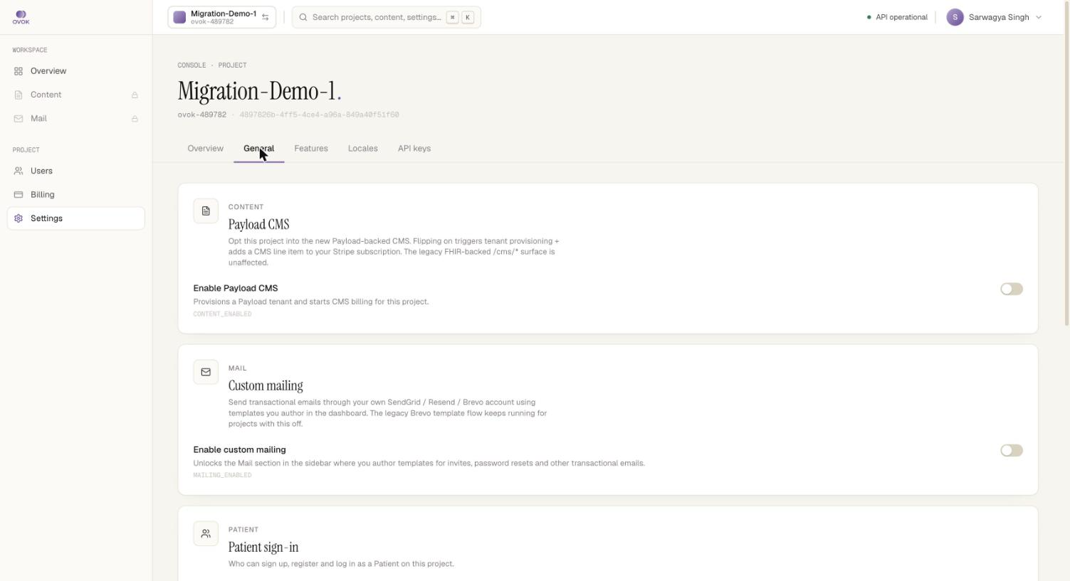 Settings General tab with Payload CMS toggle off, Custom mailing toggle off, and Patient sign-in section below