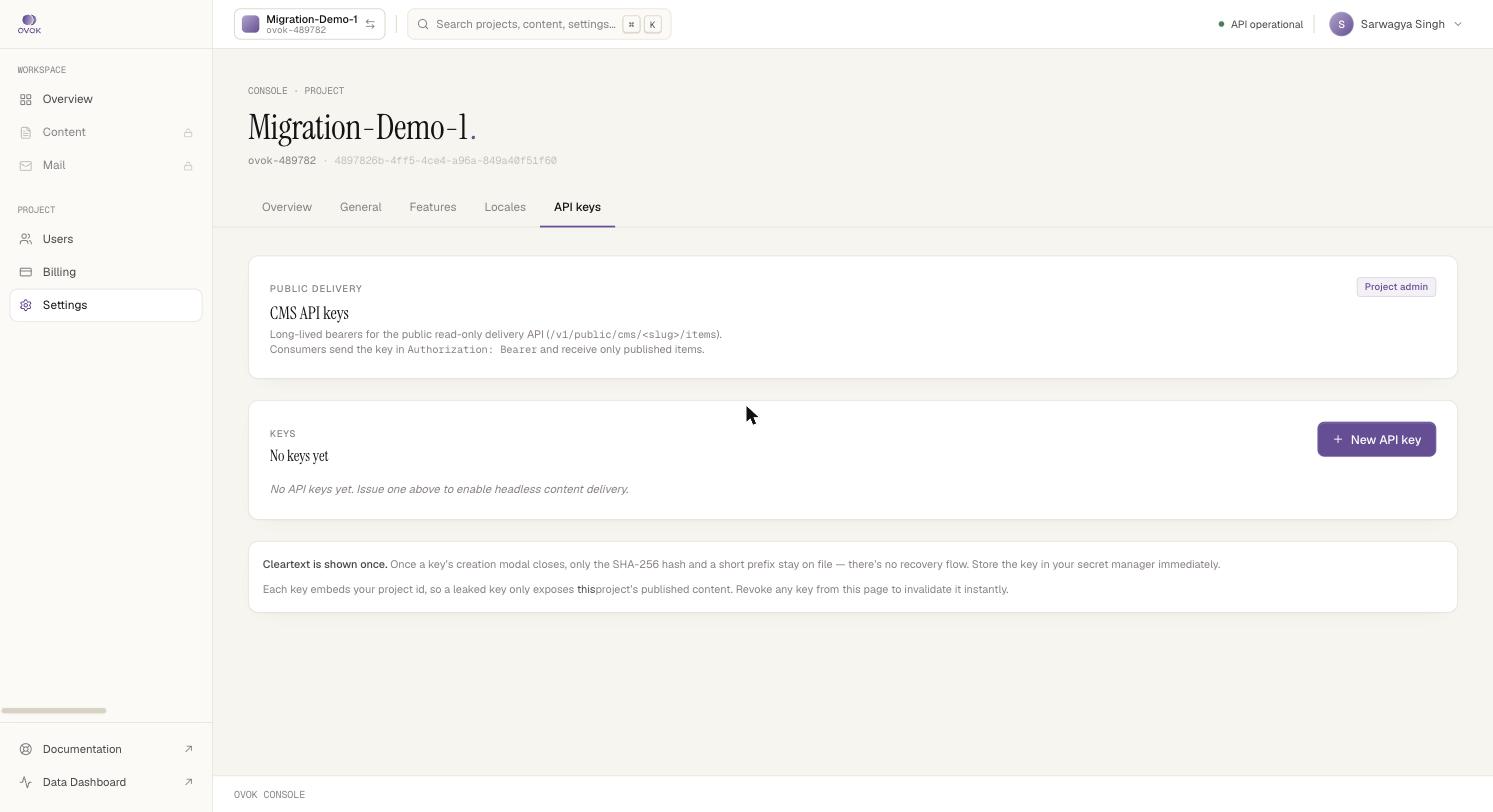 Settings API keys tab with CMS API keys card and empty Keys panel offering a New API key button