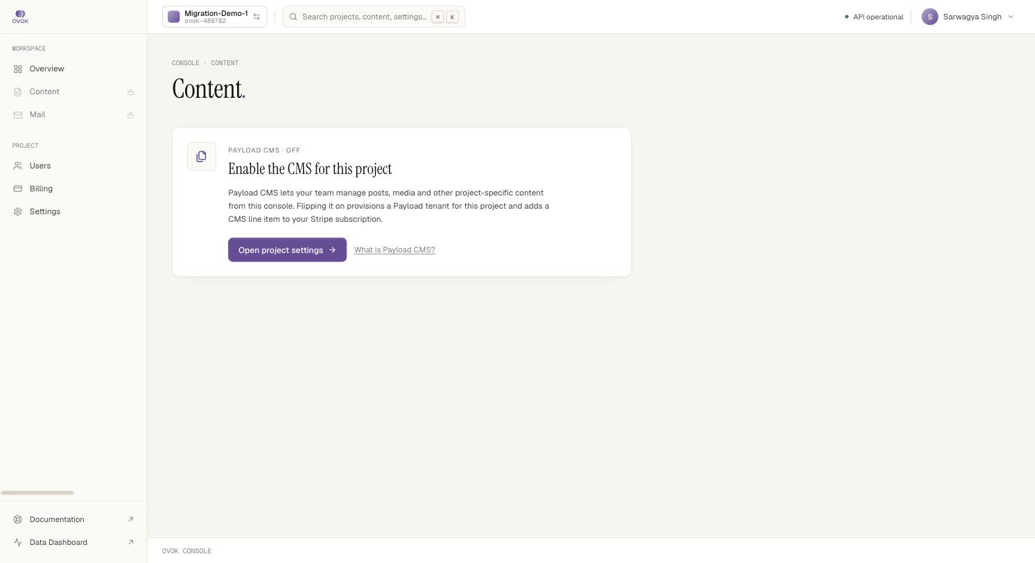 Console Content section showing Payload CMS Off card with an Enable the CMS for this project button