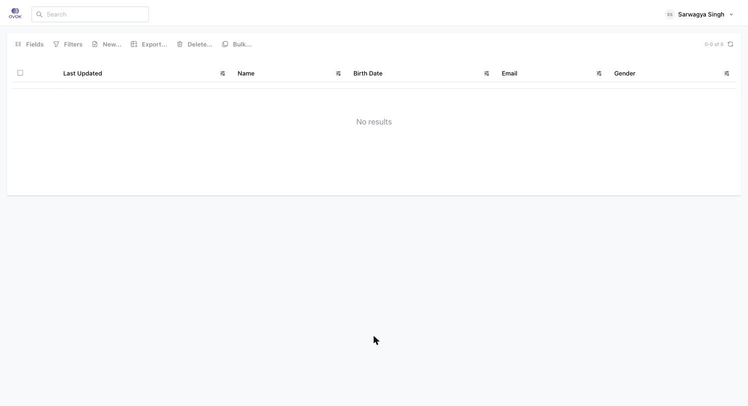 Data Dashboard Patient list view with Fields, Filters, New, Export, Delete, Bulk toolbar and empty No results state