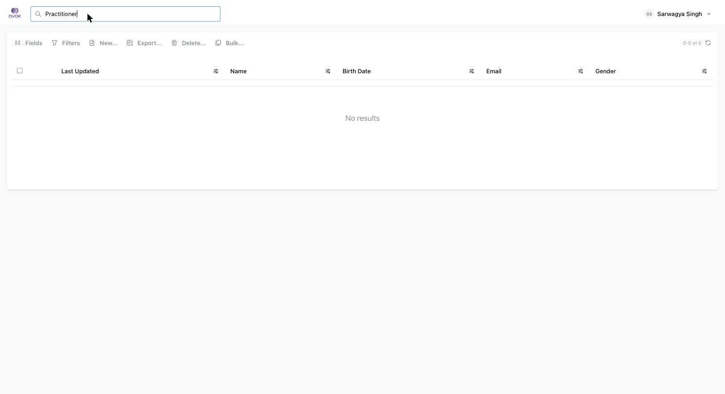 Data Dashboard with the top search field showing the query Practitioner, navigating to the Practitioner resource list